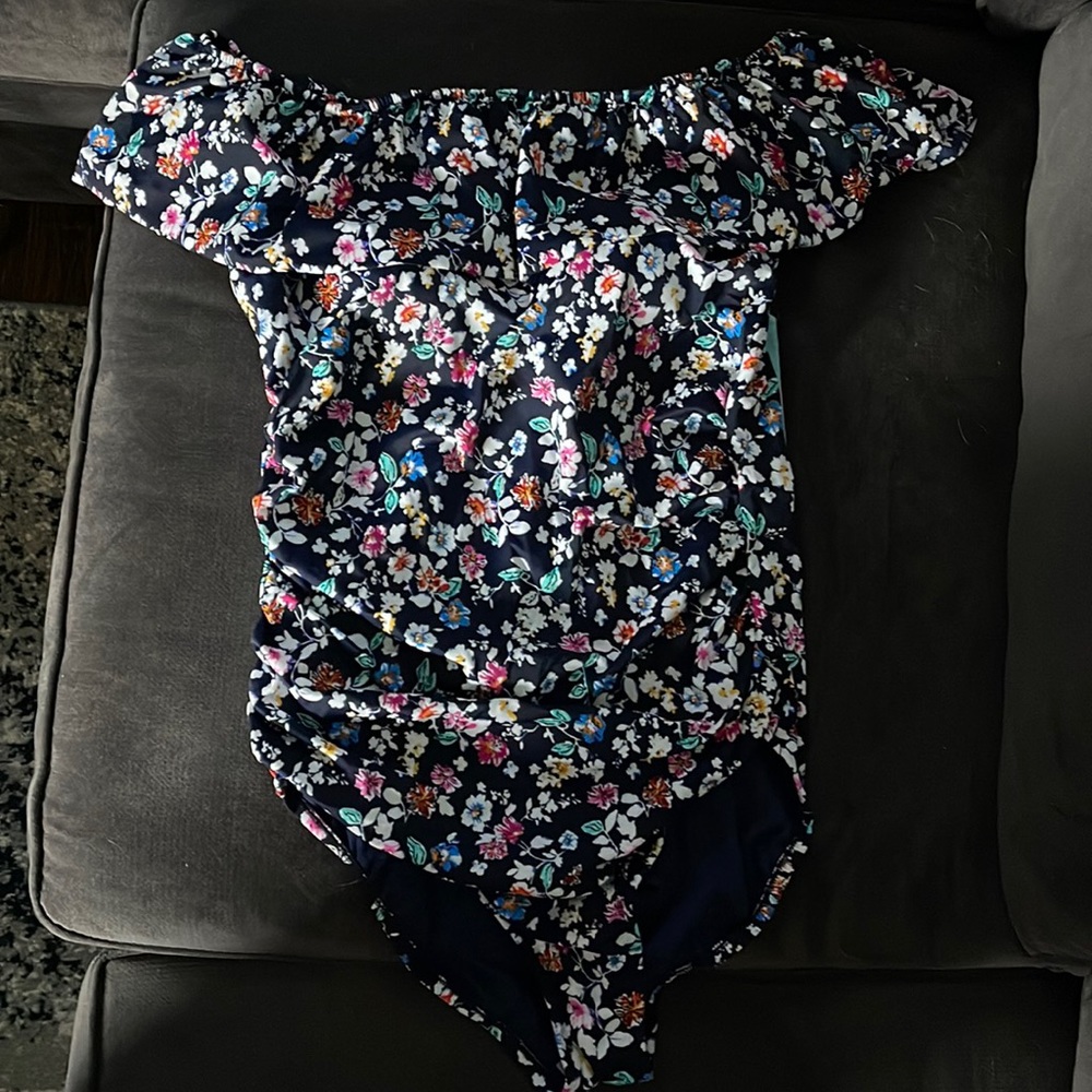 Off the shoulder, floral, waist minimizer swimsuit.